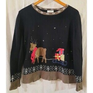 Vintage Christopher & Banks Hand Embroidered Christmas Pullover Sweater Medium